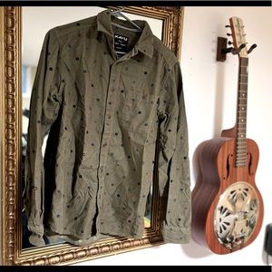 Army green soft corduroy button down cotton shirt, Kavu, no tags but unworn.